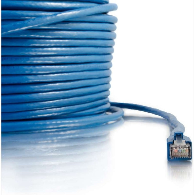 Detailed view of blue Cat6 cable coil showing shielded construction and connector detail