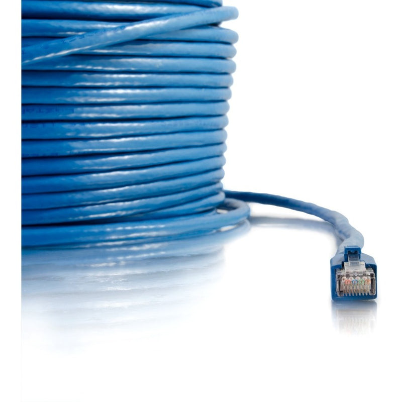 Close-up view of blue Cat6 shielded ethernet cable coil showing quality construction