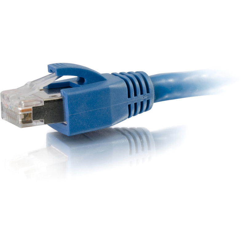 Close-up of blue ethernet cable connector showing snagless boot design