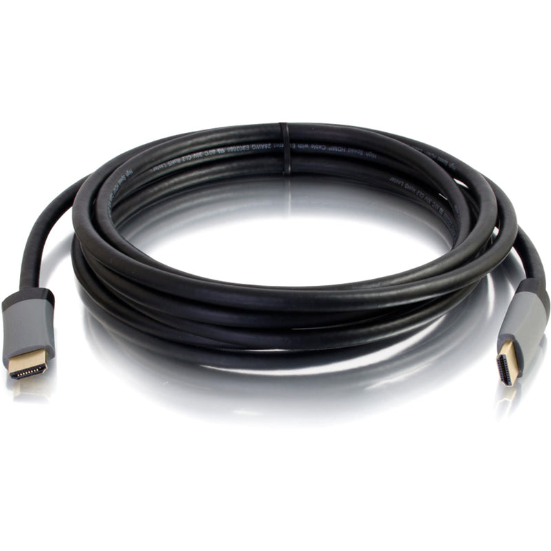 Full length view of 10ft black HDMI cable with gray connectors coiled in a circle