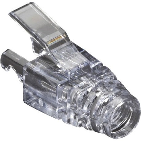 Clear plastic strain relief boot for CAT5e cable showing transparent construction and ergonomic design