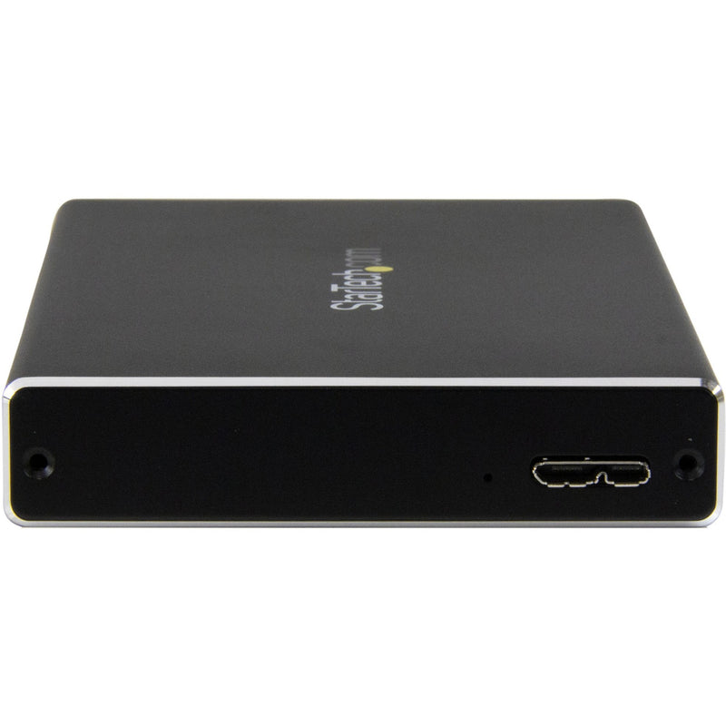 Side angle view of StarTech.com external drive enclosure showing slim profile and aluminum construction