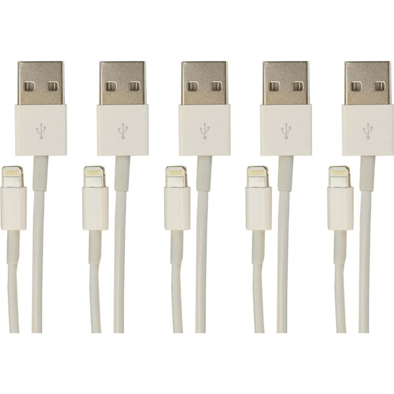 Set of five white Lightning to USB cables arranged in parallel showing USB-A and Lightning connectors