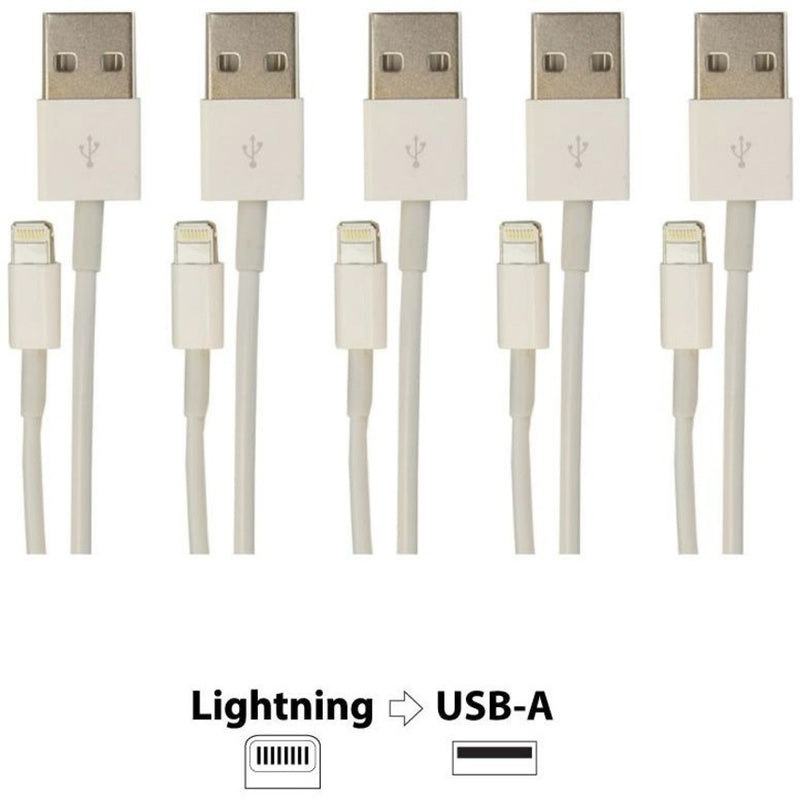 Five Lightning cables with diagram showing Lightning to USB-A port identification