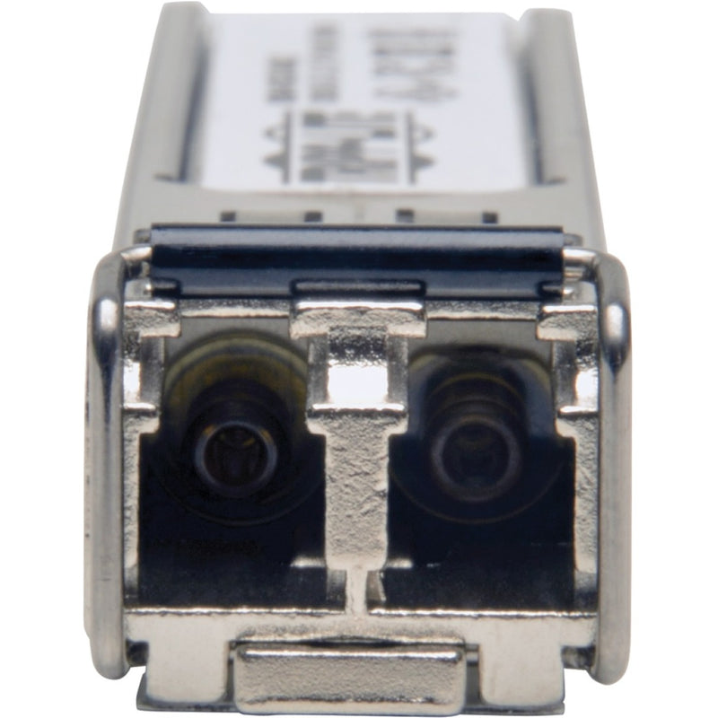 Close-up front view of the LC duplex connector ports on the Tripp Lite SFP transceiver