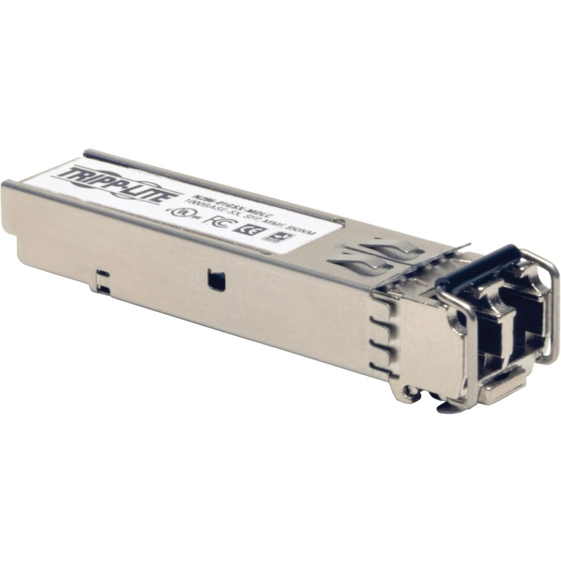 Side view of Tripp Lite N286-01GSX-MDLC SFP transceiver module showing metal housing and LC connector interface