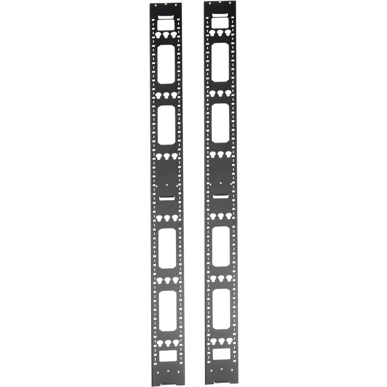 Two black 45U vertical cable management bars with multiple mounting slots and cable routing cutouts-alternate-image1