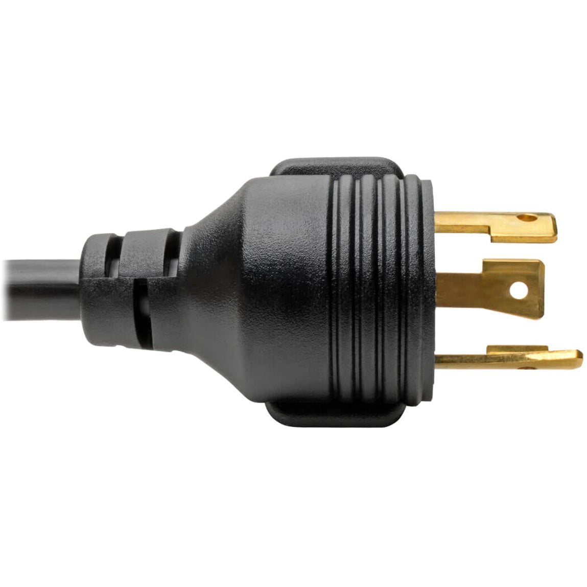 Detailed view of NEMA L6-30P twist-lock connector with gold-plated contacts on heavy-duty power cord-alternate-image3