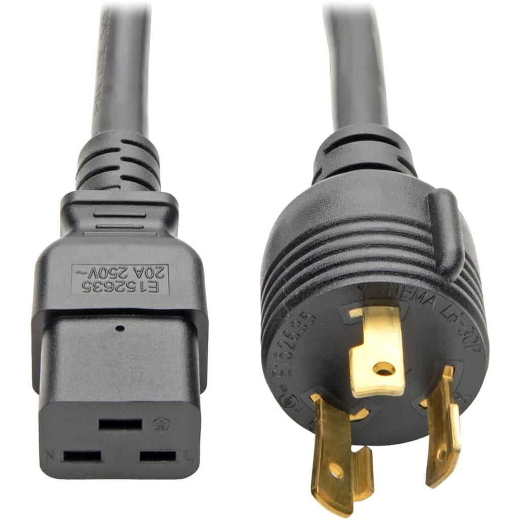 Close-up view of IEC-320-C19 and NEMA L6-30P connectors on Tripp Lite heavy-duty power cord showing gold-plated contacts and molded strain relief-alternate-image1