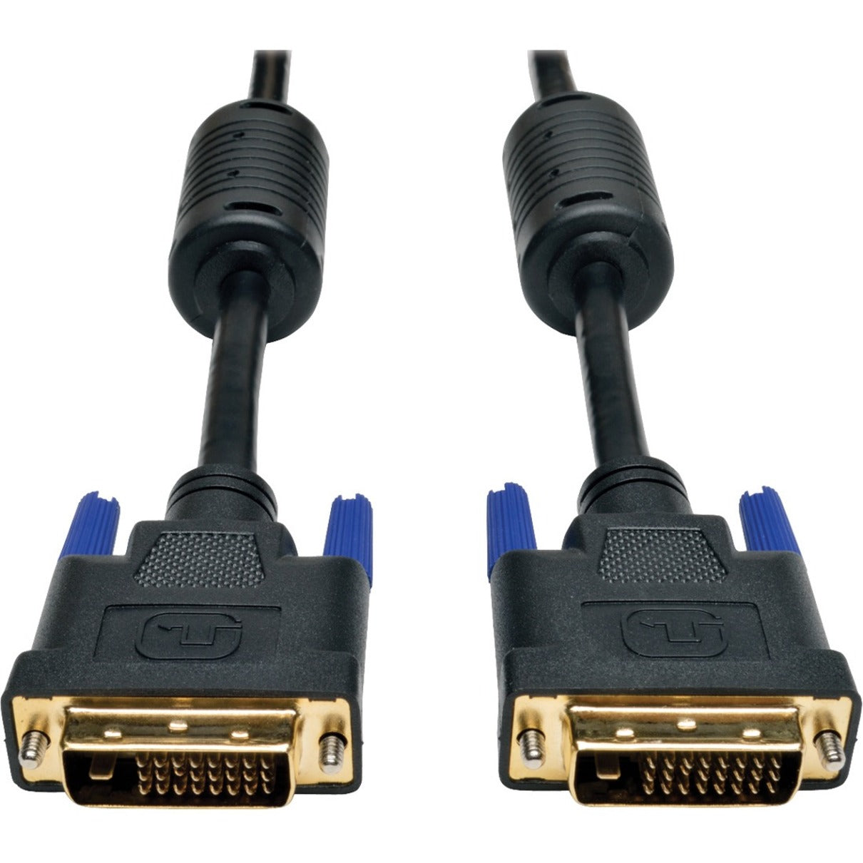 Close-up of dual DVI-D connectors with gold-plated pins and blue thumb screws on Tripp Lite P560-030 cable-alternate-image1