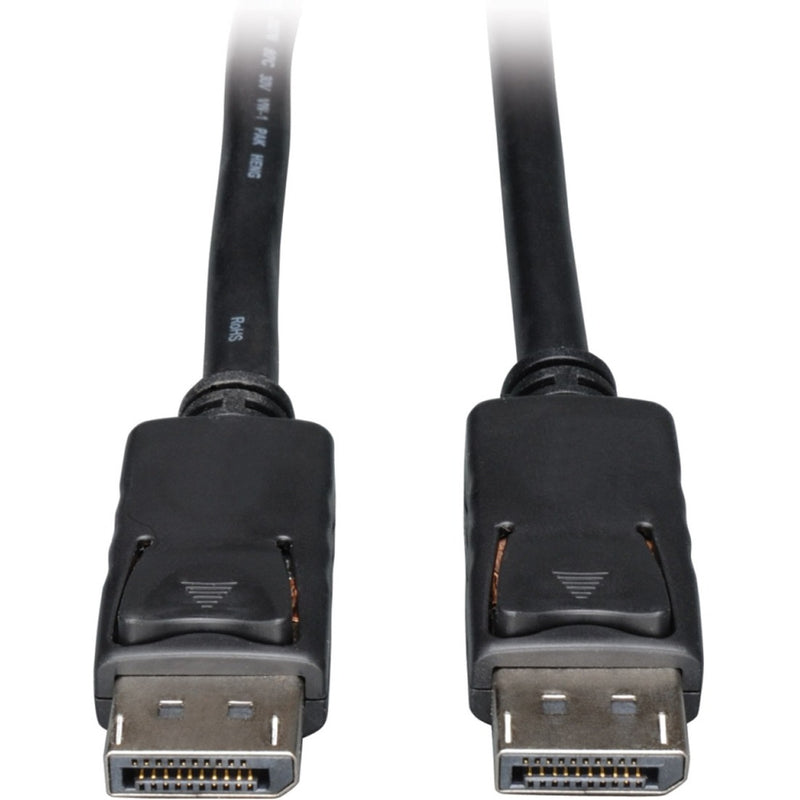 Close-up view of Tripp Lite DisplayPort cable showing male connectors with latching mechanism on both ends