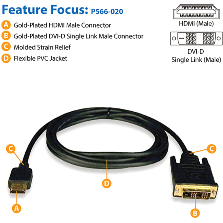 特锐德 Lite P566-020 HDMI 到 DVI 电缆，20 英尺，EMI/RF 保护，镀金连接器 品牌名：特锐德 Lite 特锐德