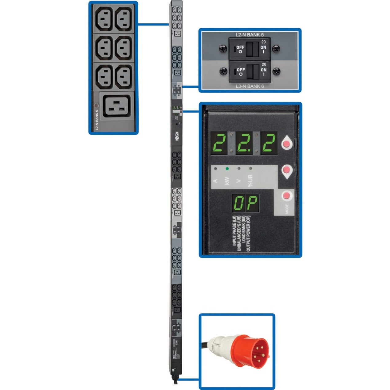 Digital display panel of Tripp Lite PDU showing power monitoring metrics and control interface-alternate-image1