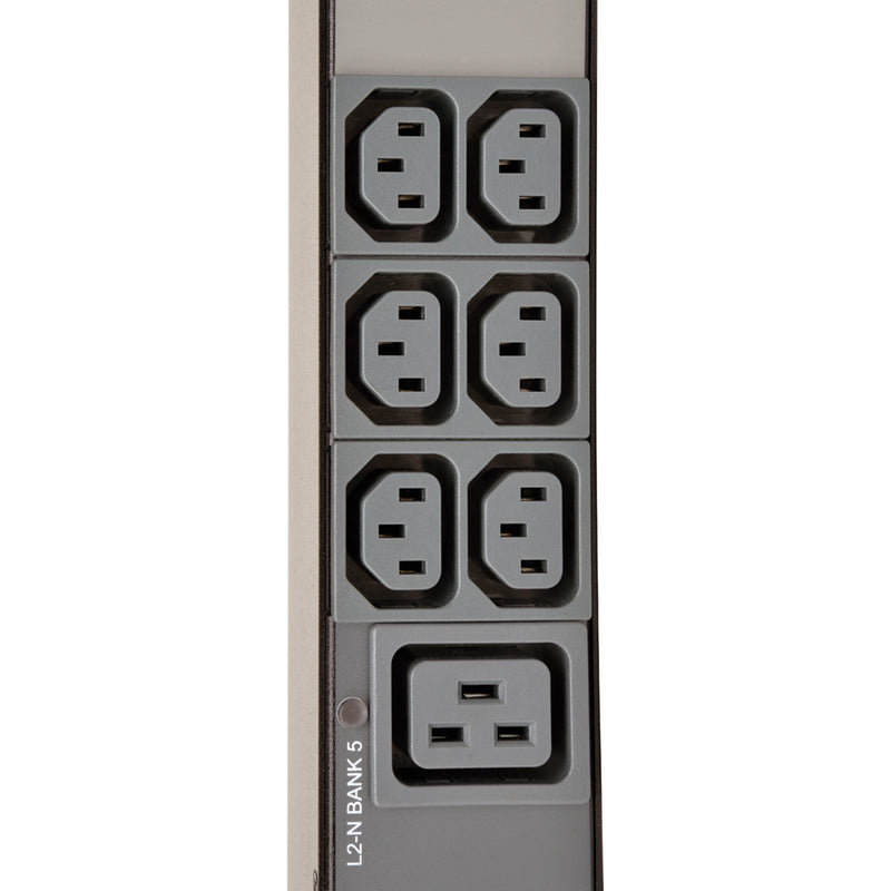 Detailed view of PDU outlet bank showing C13 and C19 receptacles