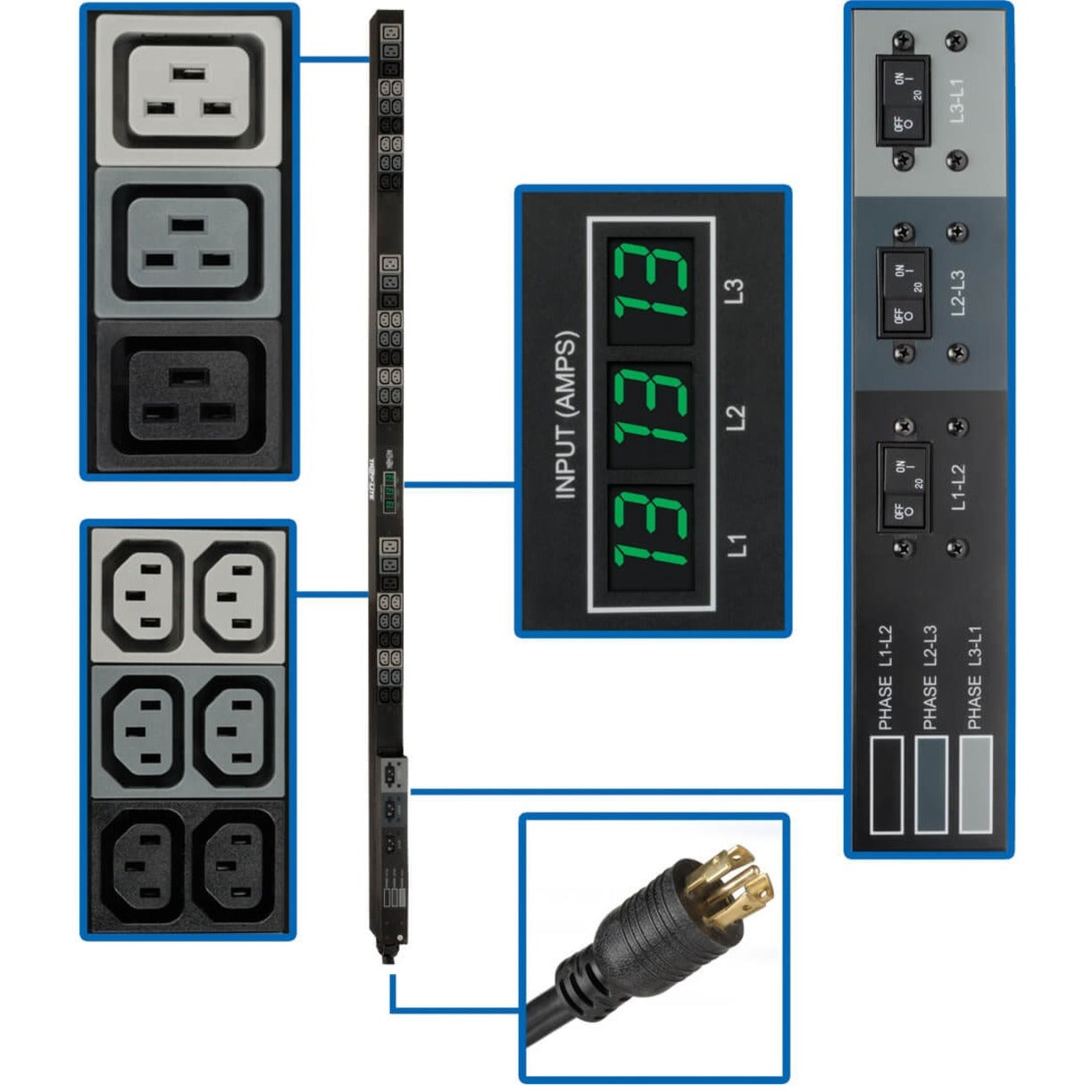 Tripp Lite：トリップライト PDU3MV6L2130A：PDU3MV6L2130A Metered：メーター付き PDU：PDU Outlets：アウトレット KW：キロワット V：ボルト Overload Protection：過負荷保護