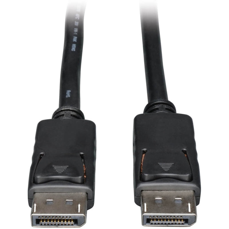 Close-up view of Tripp Lite P580-030 DisplayPort cable connectors showing latching mechanism and gold-plated contacts