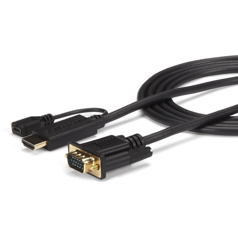 HDMI to VGA adapter cable showing HDMI connector, VGA port, and Micro USB power option