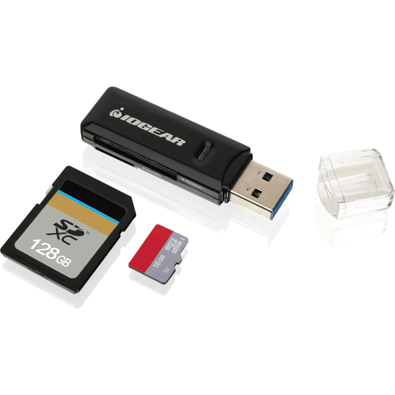 IOGEAR card reader displayed with 128GB SD card, microSD card, and protective cap