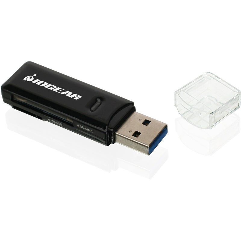 IOGEAR USB 3.0 card reader in black with protective cap and dual card slots