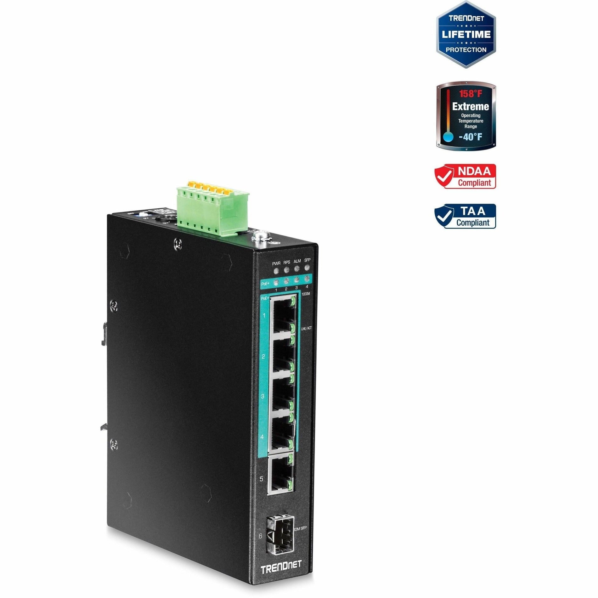 TRENDnet TI-PG541 5-port Hardened Industrial Gigabit PoE+ DIN-Rail Switch, 120W Power Budget, 1 x SFP Slot, IP30 Rated, Unmanaged Switch