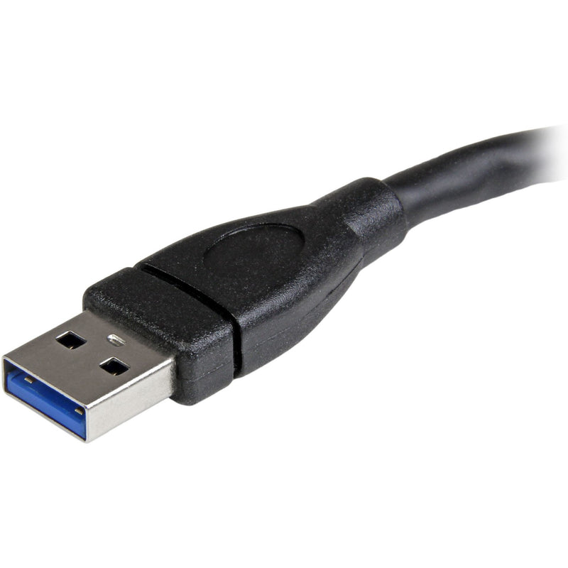 Close-up view of USB 3.0 male connector showing metal housing and blue interface