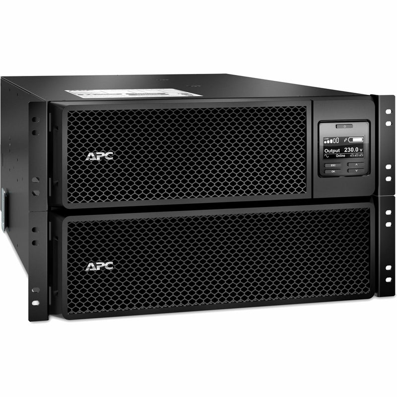 Front view of APC Smart-UPS SRT 8000VA rack-mounted UPS system showing dual-unit configuration with LCD display