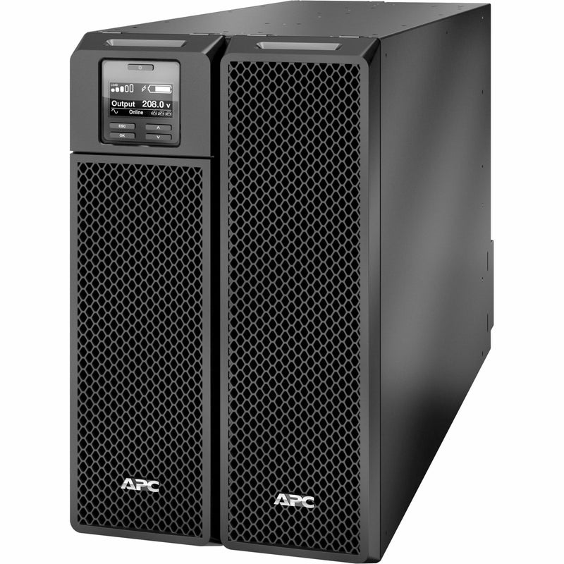 Front view of APC Smart-UPS SRT 8000VA showing LCD display panel and ventilated front panels