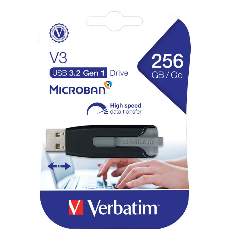 Product packaging showing Verbatim Store 'n' Go V3 USB drive features and specifications