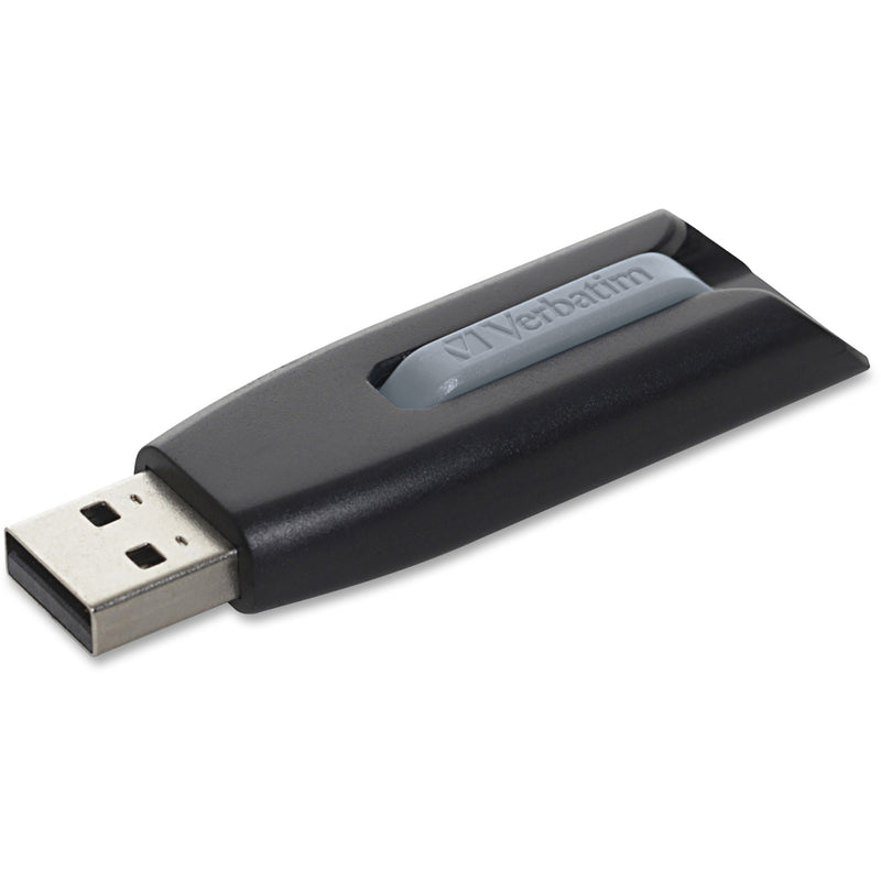 Black Verbatim Store 'n' Go V3 USB drive with gray slider showing USB connector