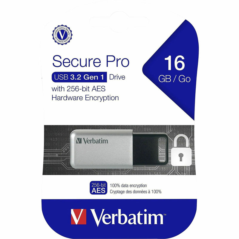 Retail packaging of Verbatim 16GB Secure Pro USB drive highlighting encryption features