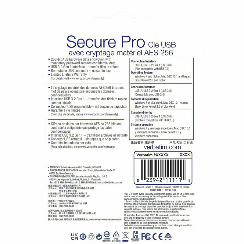 Product specifications and certification information for Verbatim Secure Pro USB drive