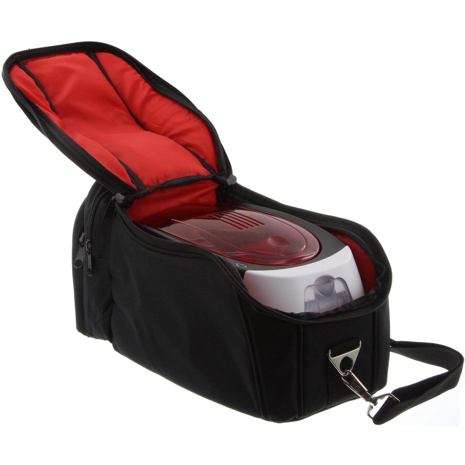 Badgy printer travel bag shown open with red interior lining and black exterior, displaying secure printer compartment-alternate-image1