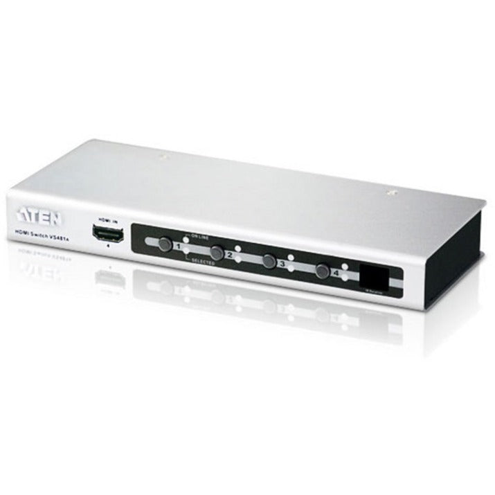 ATEN VS481B 4-port HDMI switch in silver finish with front panel controls and LED indicators