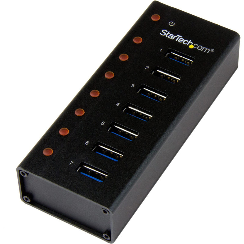 StarTech.com 7-port USB 3.0 hub showing vertical port arrangement with LED indicators