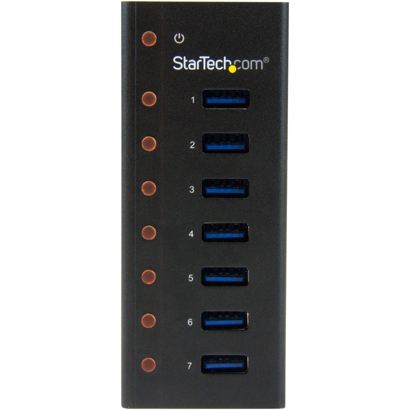 Close-up view of numbered USB 3.0 ports with LED indicators on StarTech.com hub