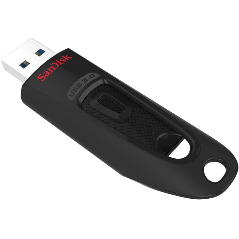 SanDisk Ultra USB 3.0 flash drive in black with textured surface and keyring hole, featuring 128GB storage capacity