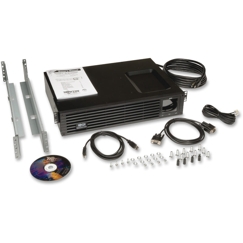 Complete package contents of Tripp Lite SMC10002URM UPS with accessories