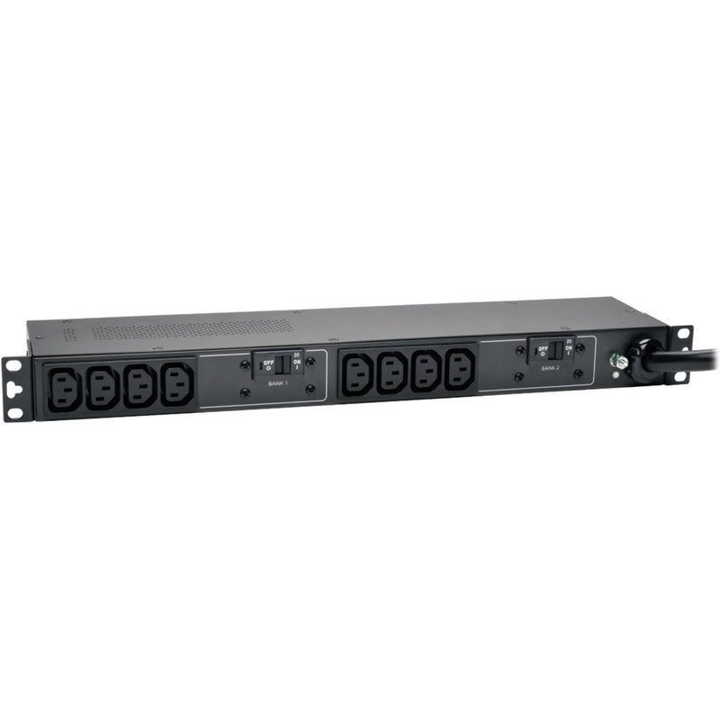 Front view of Tripp Lite PDUH32HV PDU showing 10 outlets arranged in two banks with power switches