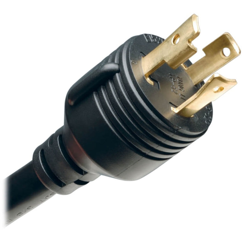 Close-up of NEMA L6-30P power plug with gold-plated contacts