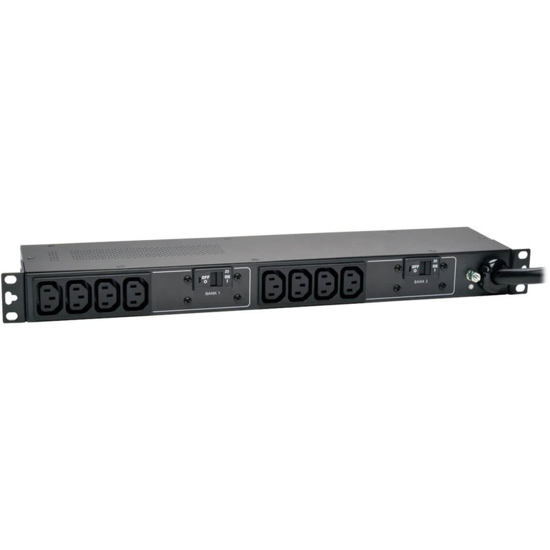 Front view of Tripp Lite PDUH30HV PDU showing 10 IEC outlets arranged in two banks with power switches