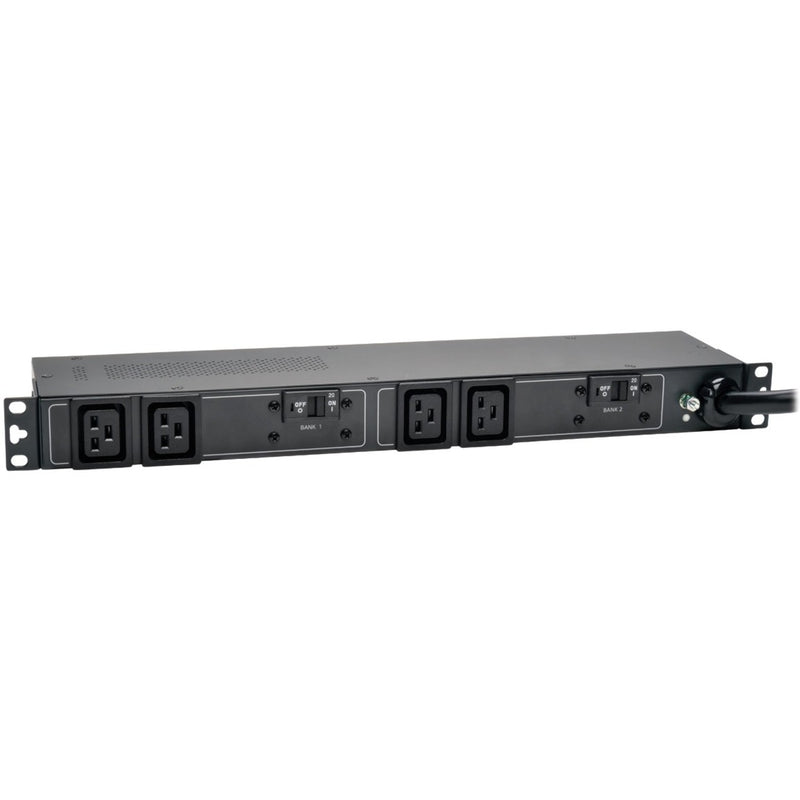 Front view of Tripp Lite PDUH32HV19 PDU showing four C19 outlets arranged in two banks with individual power controls