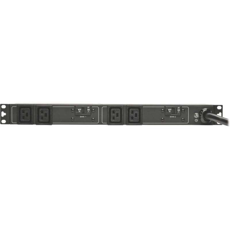 Close-up view of Tripp Lite PDUH32HV19 PDU outlet banks with power controls