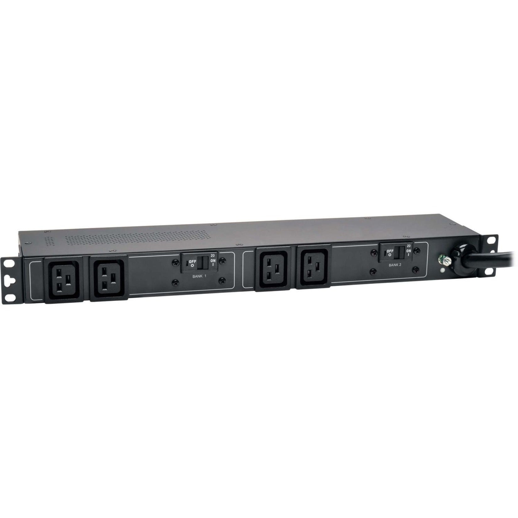 Front view of Tripp Lite PDUH30HV19 PDU showing four IEC C19 outlets and power switches-alternate-image1