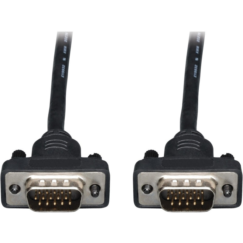 Close-up view of HD15 male VGA connectors with gold-plated pins and nickel-plated housing on Tripp Lite P502-010-SM cable