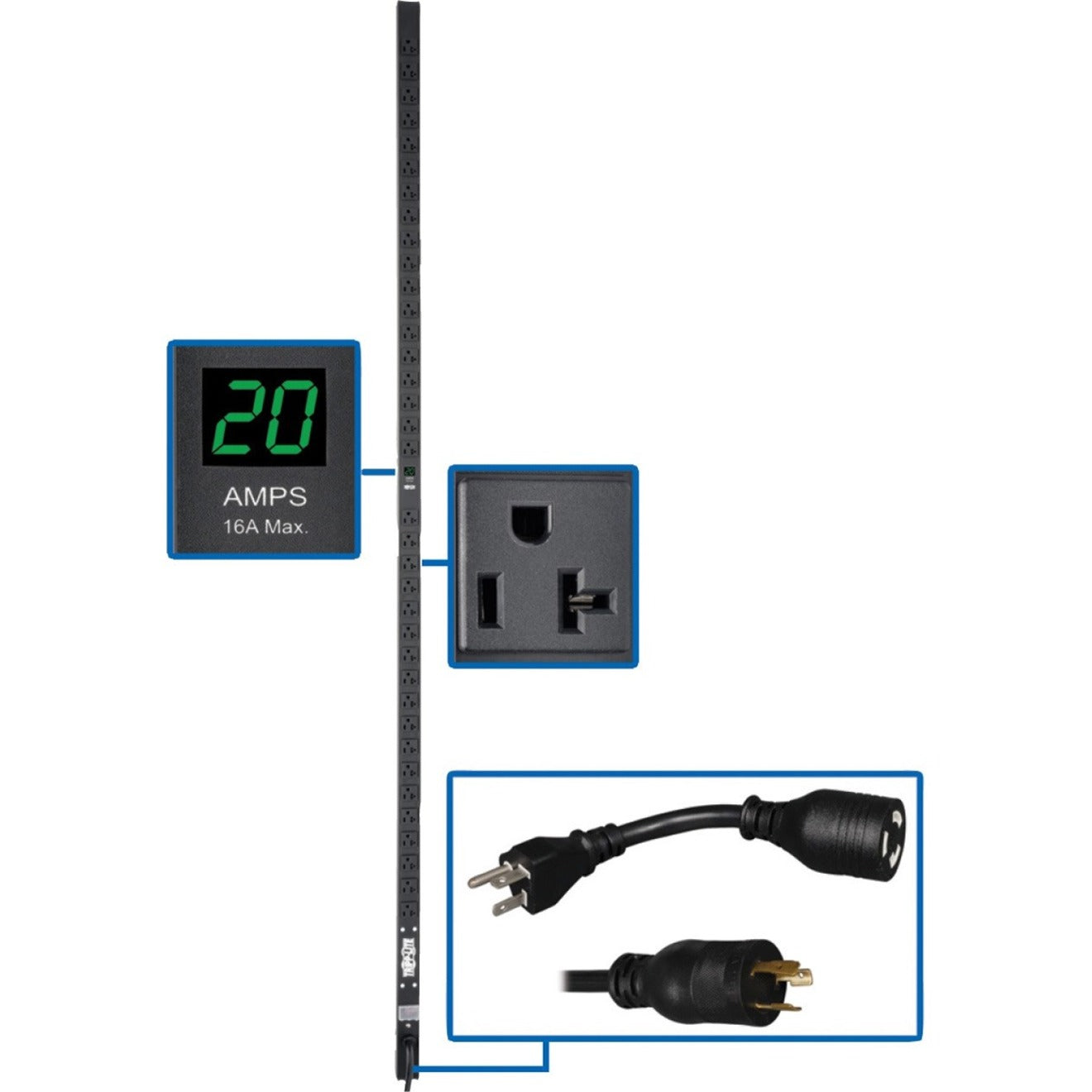 Digital amp meter display and power outlets on Tripp Lite PDUMV20-72 PDU-alternate-image1