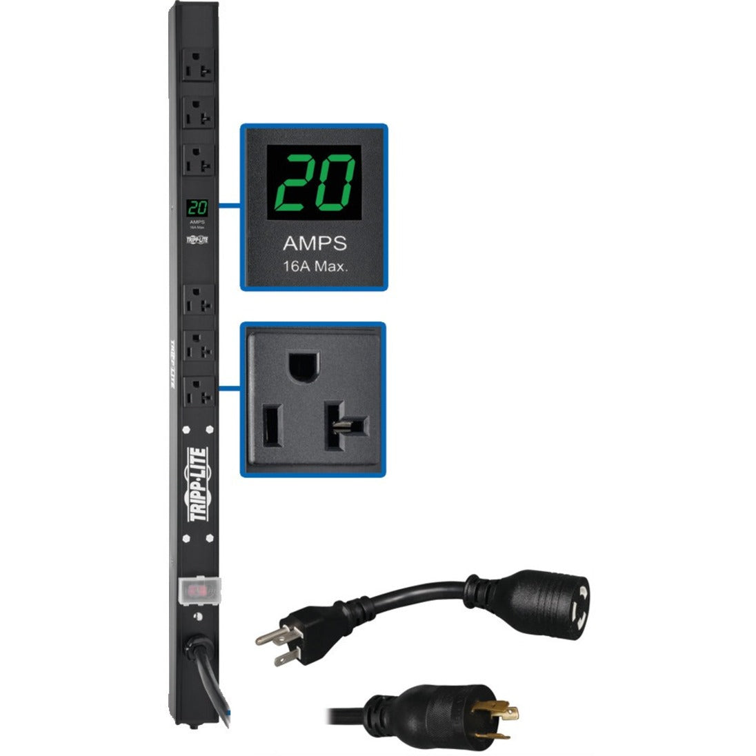 Tripp Lite PDU showing digital amp meter display and vertical outlet configuration-alternate-image1