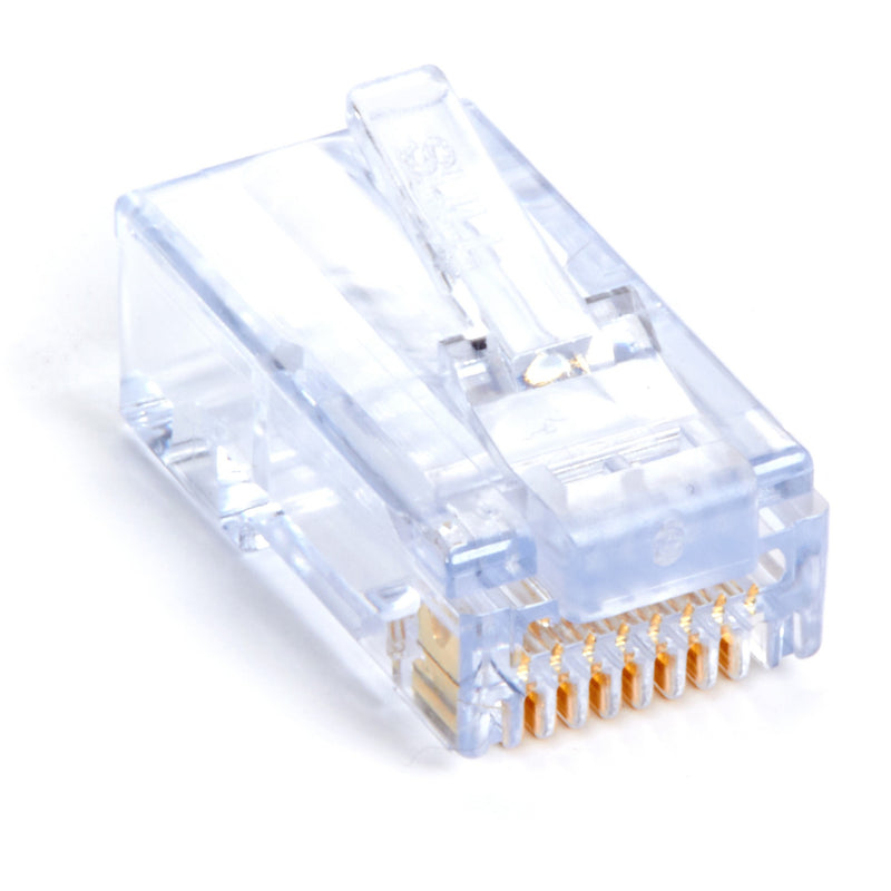 Clear CAT6 EZ-RJ45 connector showing gold-plated contacts and through-wire design with transparent housing