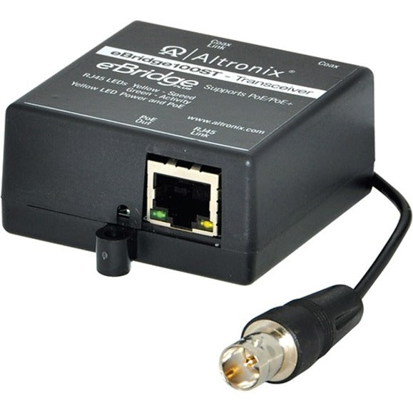 Altronix EBRIDGE100ST EoC transceiver showing RJ-45 port and BNC connector in black housing-alternate-image1