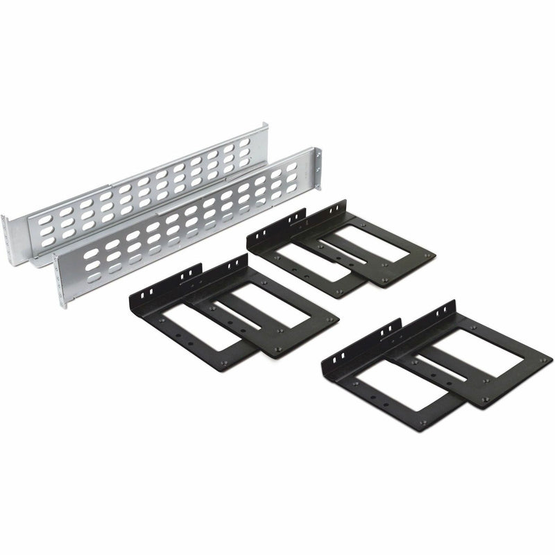 APC SRTRK2 mounting rail kit components showing gray ventilated rails and black mounting brackets for UPS installation