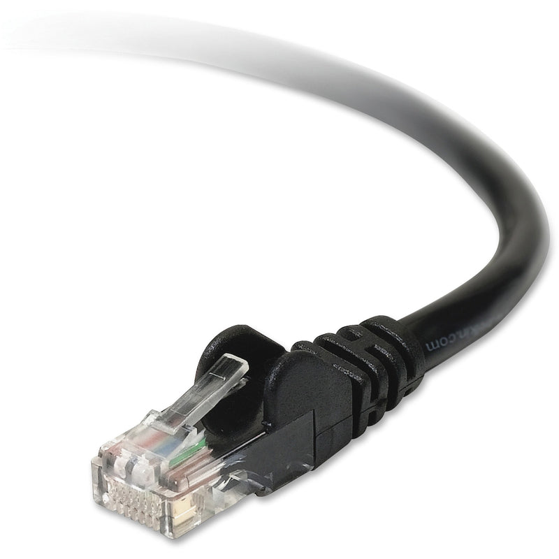 Close-up view of Belkin CAT5e cable's snagless RJ45 connector with transparent housing and black cable jacket